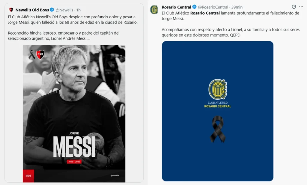 El dolor de Newell’s y Rosario Central tras la partida de Jorge Messi, el padre del capitán argentino